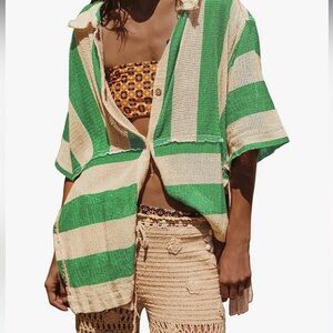 Gacaky Button Down Shirt Sz S Swimsuit Beach Shirt Tops Green & White Striped